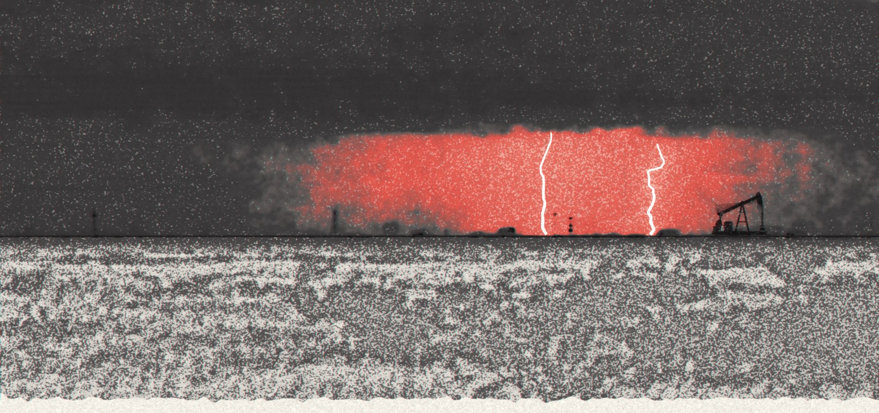 Lightning over an open plain with a pumping unit on the horizon, printed in charcoal and red